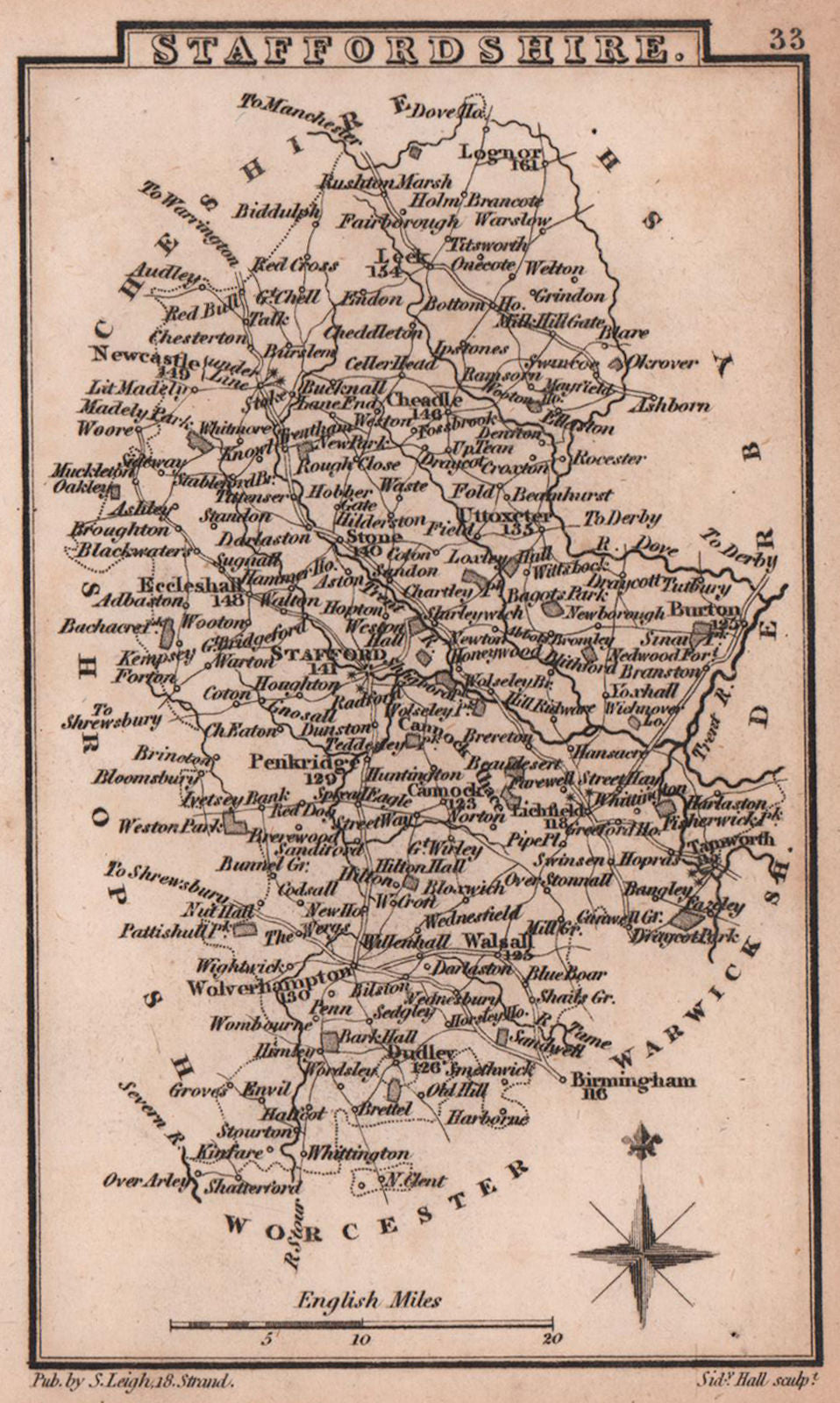 Staffordshire miniature county map by Samuel Leigh / Sidney Hall c1820 old